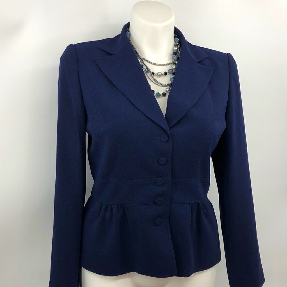 Liz Claiborne navy blue leaf print fitted blazer